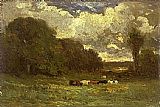 Edward Mitchell Bannister landscape with cows and trees painting